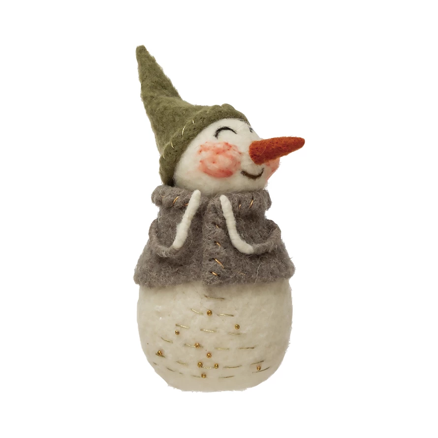 3" Rnd x 8"H Wool Felt Snowman with Embroidery and Beads