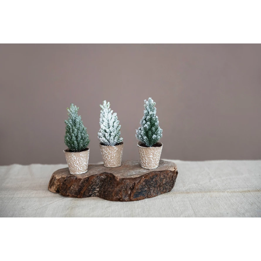 2-3/4" Round x 6-3/4"H Faux Pine Tree in Paper Pot, Ice Finish