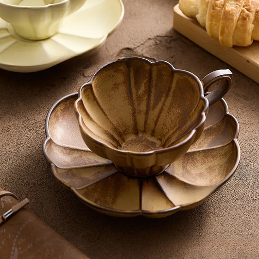 Gohobi Handmade Stoneware Floral Shaped Coffee Mug and Sauce