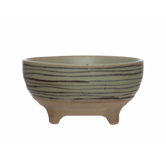Hand-Painted Stoneware Organic Striped Footed Bowl, Reactive Glaze