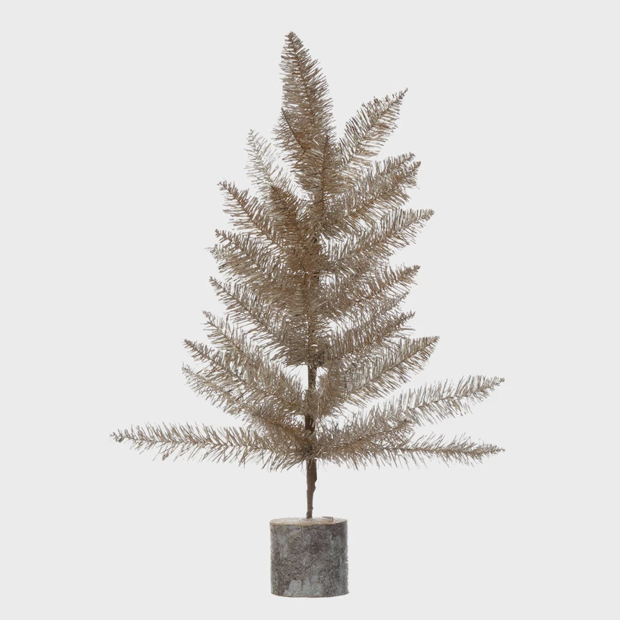 5" Round x 23"H Tinsel Tree w/ Wood Slice Base, Silver & Gold Finish