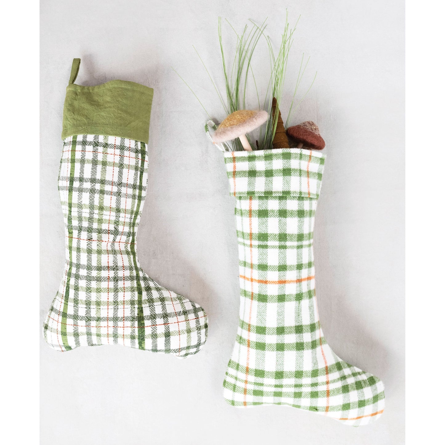 20"H Cotton Slub Printed Plaid Stocking