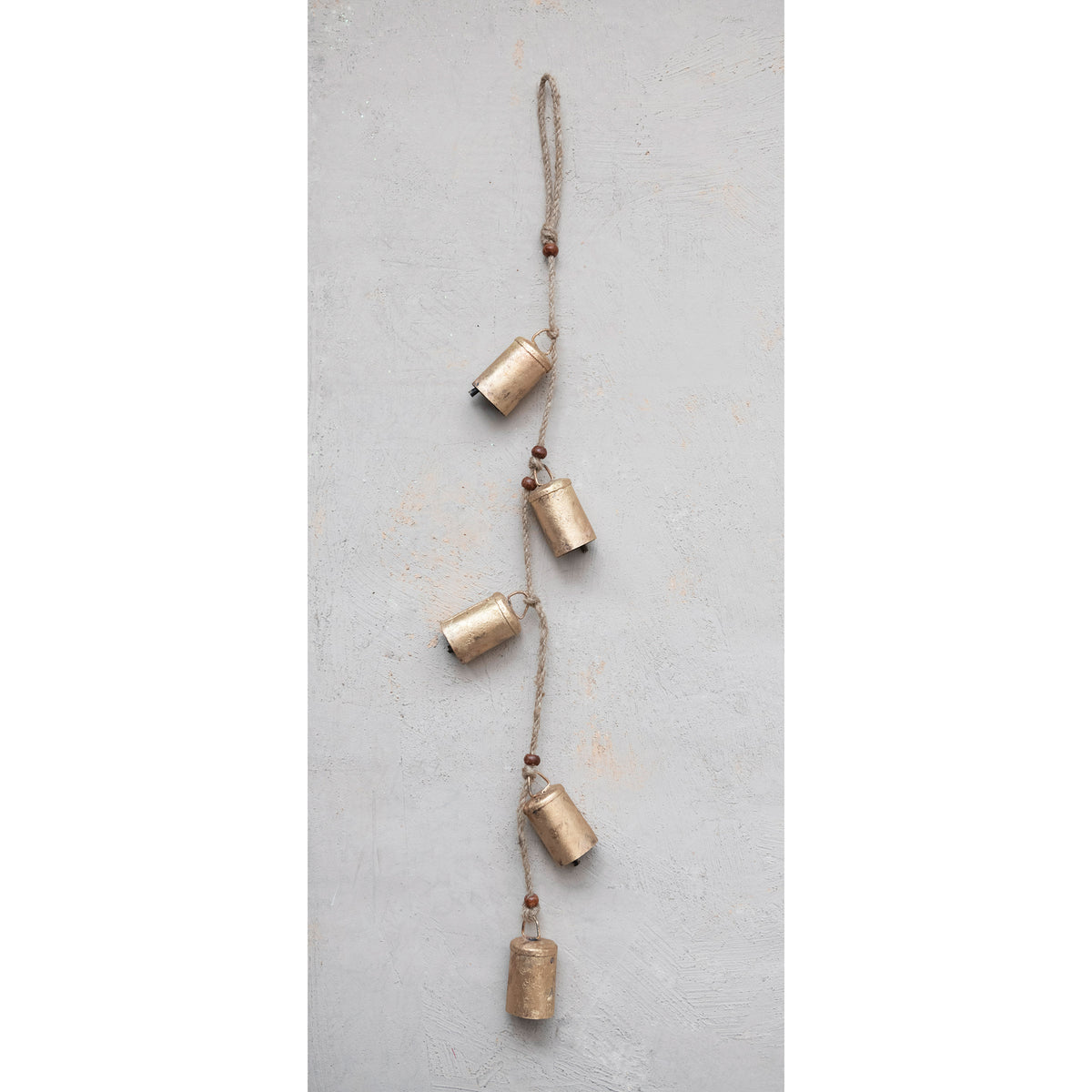 28"H Hanging Metal Bells with Wood Beads and Jute Rope, Antique Brass Finish