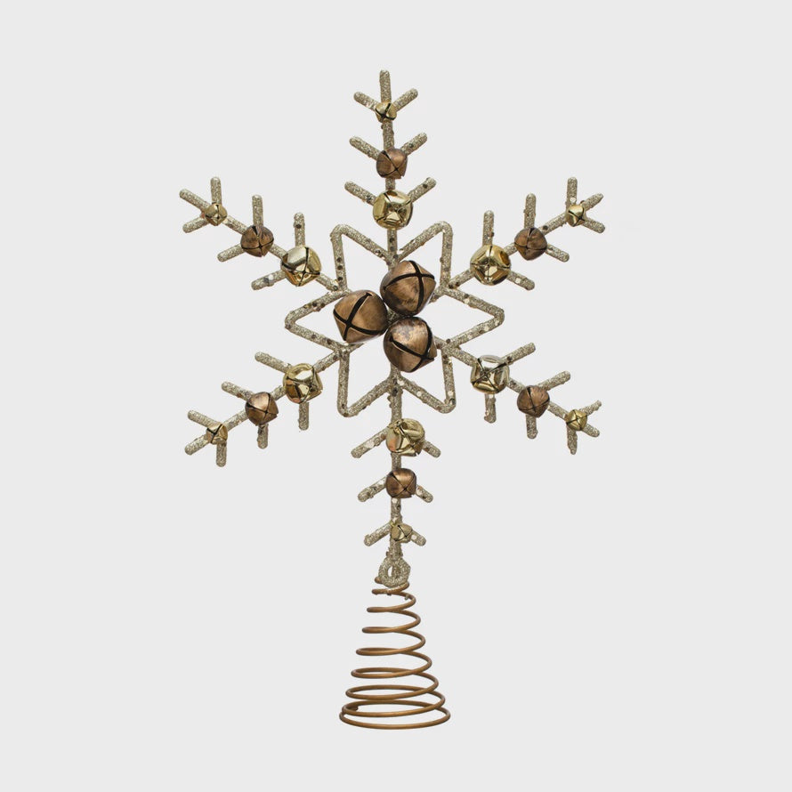 Plastic & Metal Star Tree Topper w/ Jingle Bells & Glitter, Gold Finish