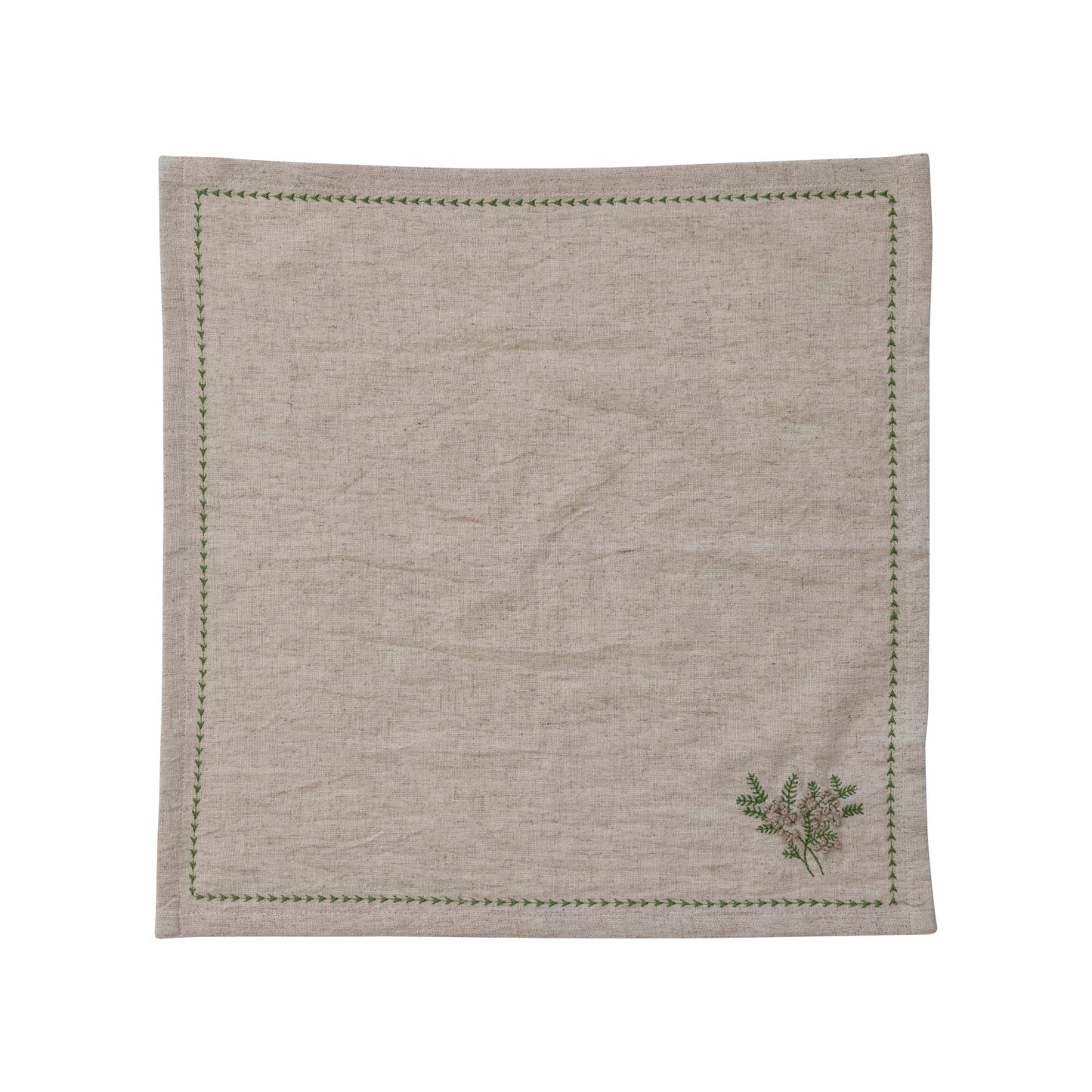 18" Square Cotton & Linen Napkin w/ Botanical, Embroidery & French Knots