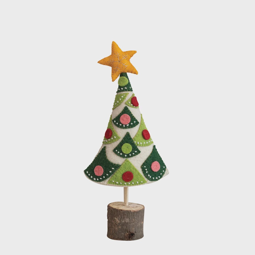 Handmade Wool Felt Tree w/ Star, Applique, Embroidery & Wood Slice Base