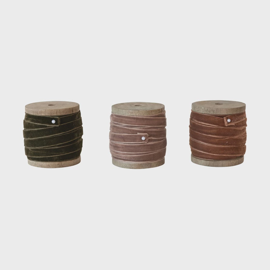 10 Yard Velvet Ribbon on Wood Spool, 3 Colors