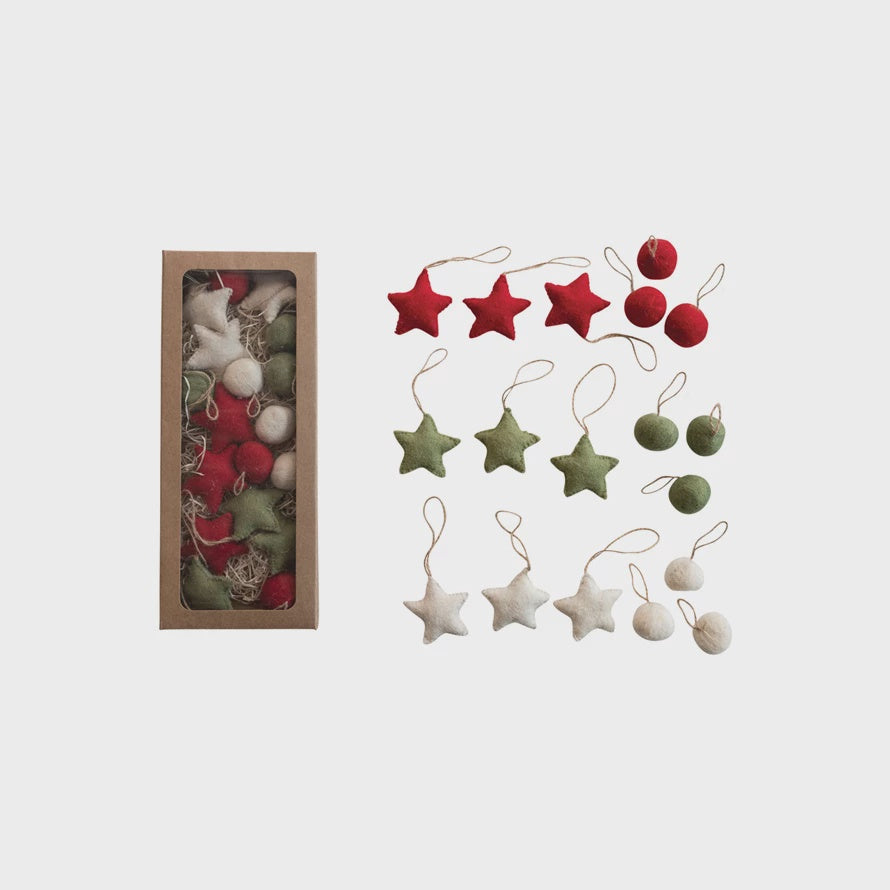 Handmade Wool Felt Ball/ Star Ornaments - RED, WHITE , AND GREEN