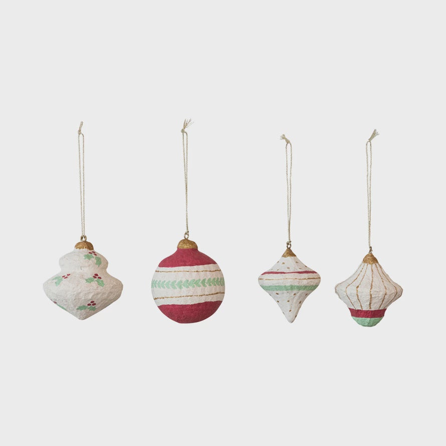 Handmade Paper Mache Ornament w/ Metallic Gold Details, 4 Styles