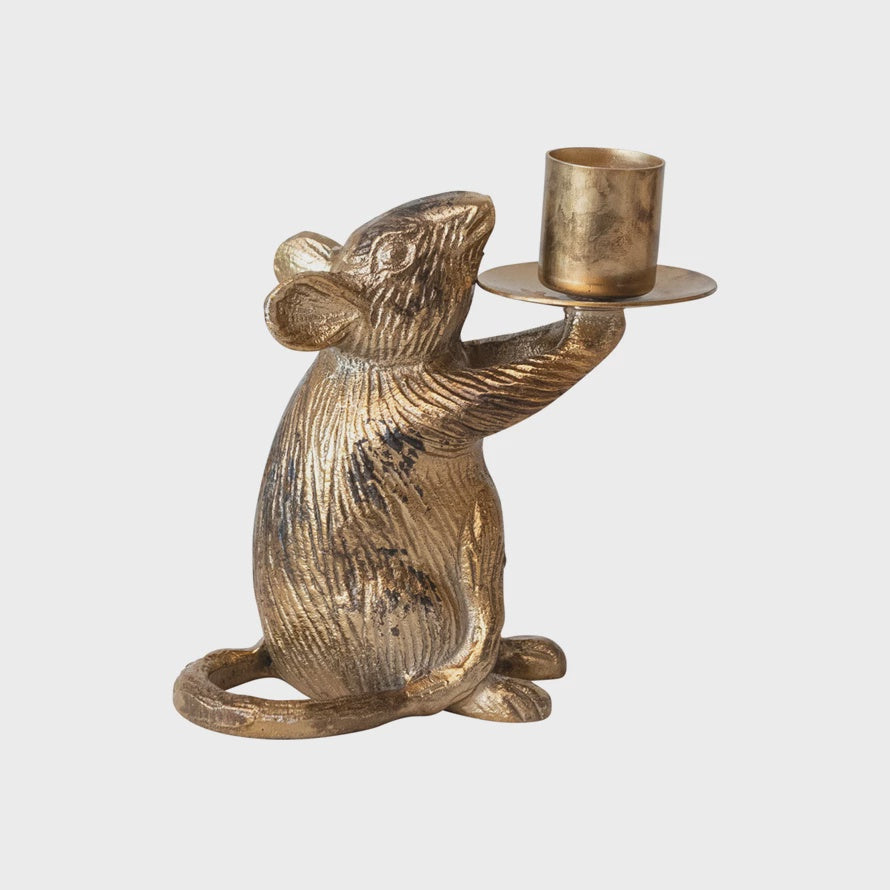 Cast Aluminum Mouse Taper Holder, Antique Gold Finish