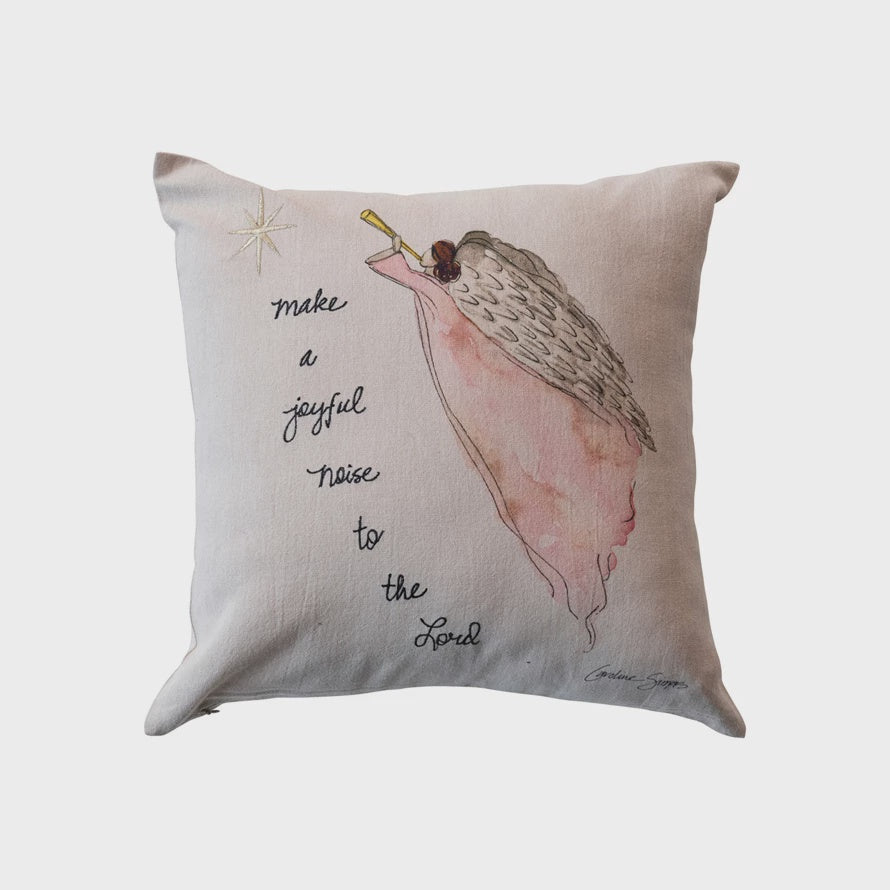 16" Square Cotton Chambray Printed Pillow w/ Embroidery, Angel & Star