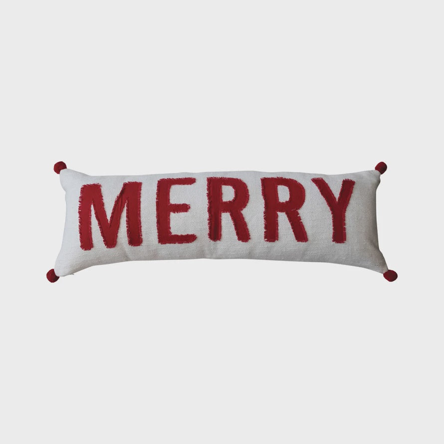 Woven Cotton Pillow w/ Appliqued "Merry" & Pom Poms, Red & White