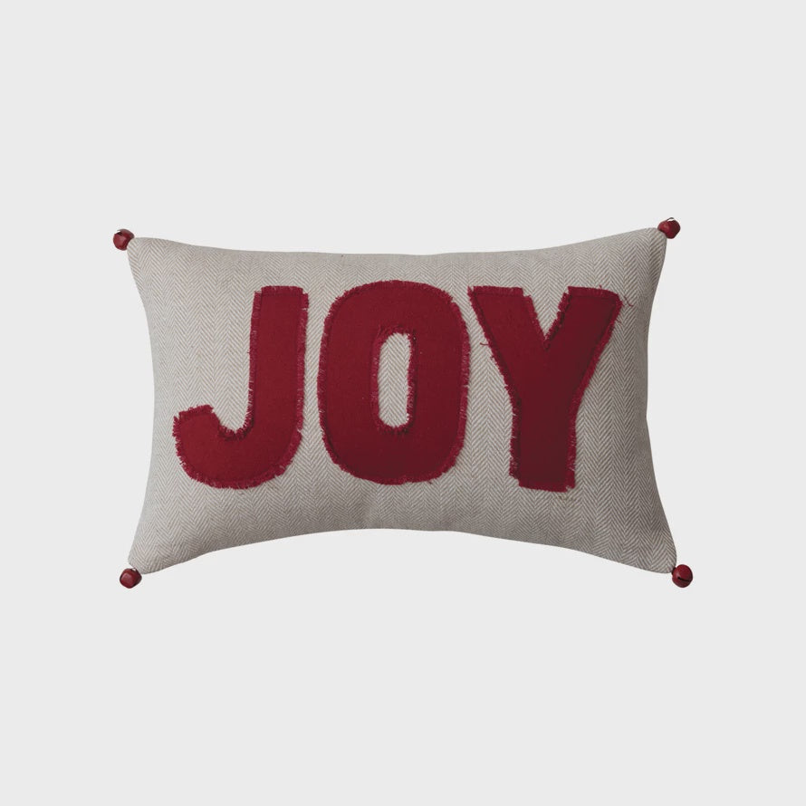 16"L x 10"H Woven Cotton Lumbar Pillow w/ Appliqued "Joy" & Jingle Bells