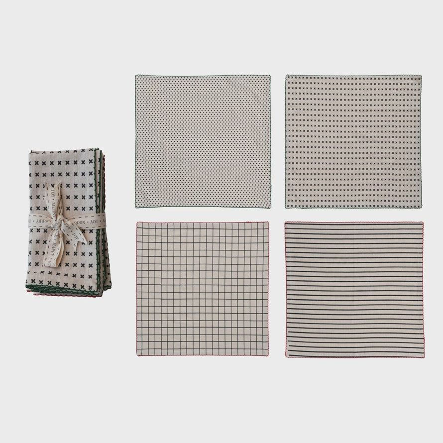 Cotton Printed Napkins w/ Pattern & Stitched Edge, 4 Styles