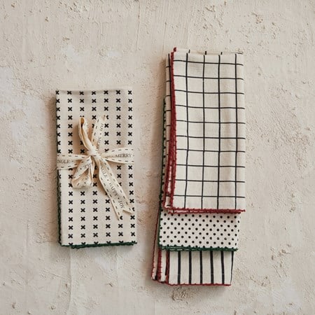 Cotton Printed Napkins w/ Pattern & Stitched Edge, 4 Styles
