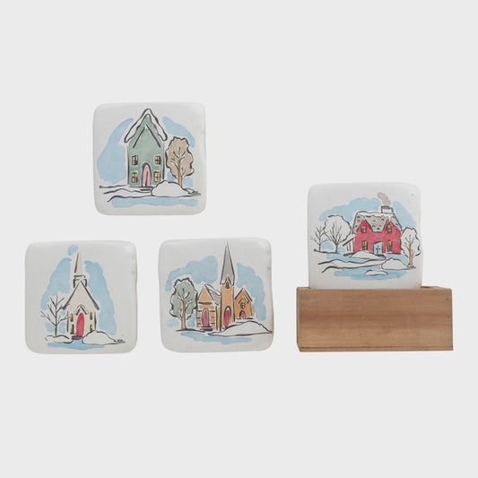 Resin Coasters w/ Houses in Wood Box, Set of 5