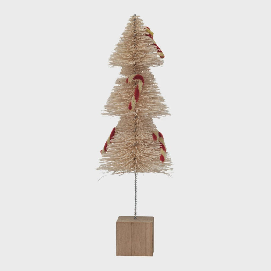 Sisal Bottle Brush Tree w/ Chenille Candy Cane & Wood Base