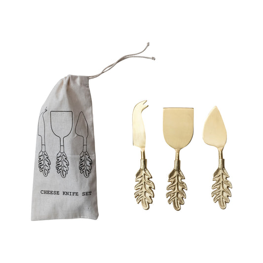 Cheese Knives with Leaf Shaped Handles, Set of 3 in Drawstring Bag