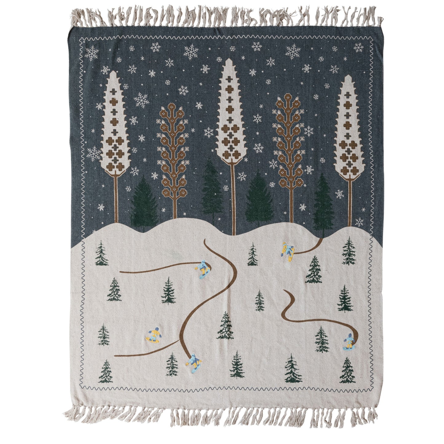 Woven Recycled Blend Throw with Woodland Scene, Embroidery & Fringe