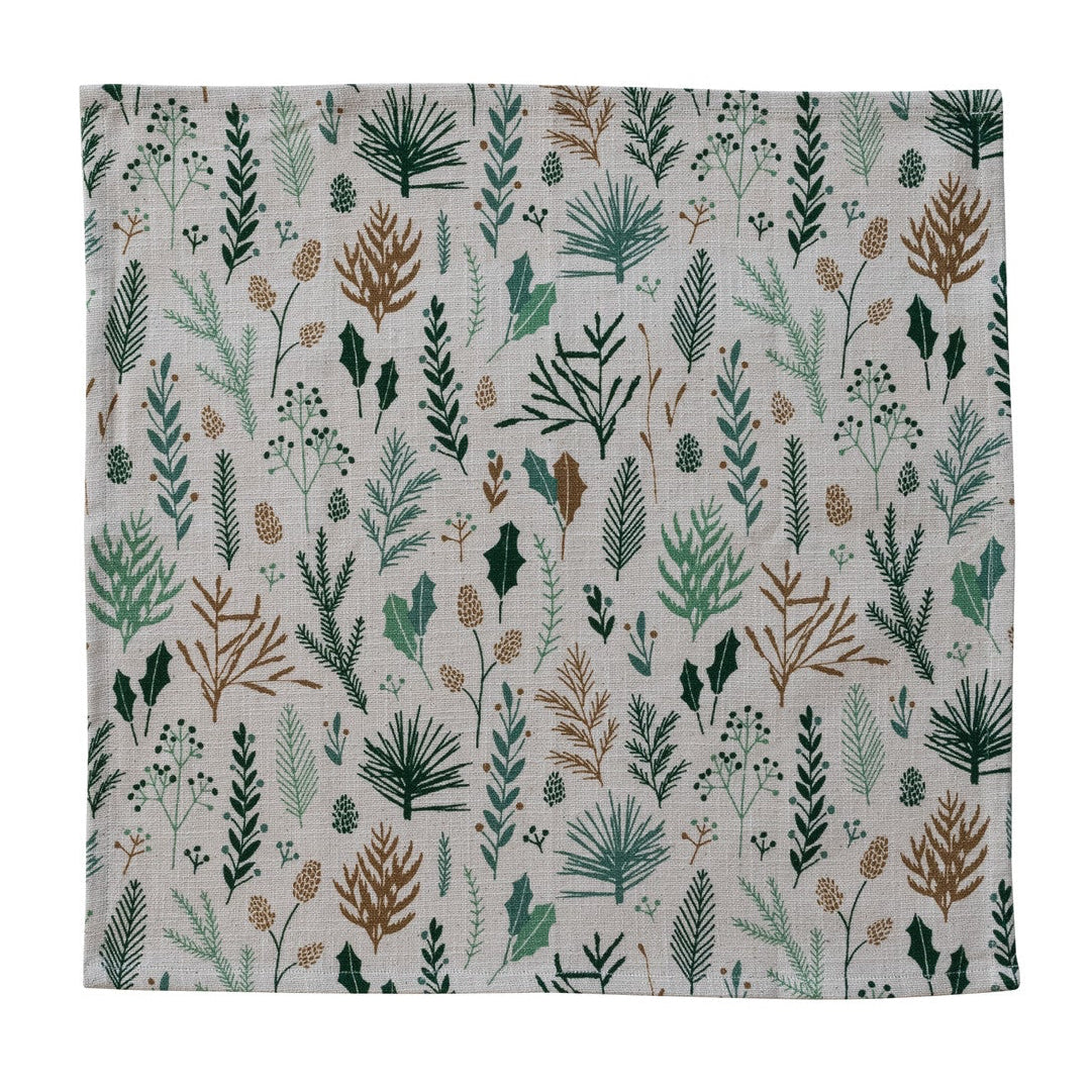 Woven Cotton Slub Printed Napkins with Botanicals Pattern, Set of 4
