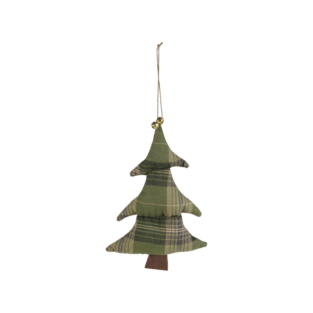 Fabric Tree Ornament with Plaid Pattern & Jingle Bells & Gold Finish