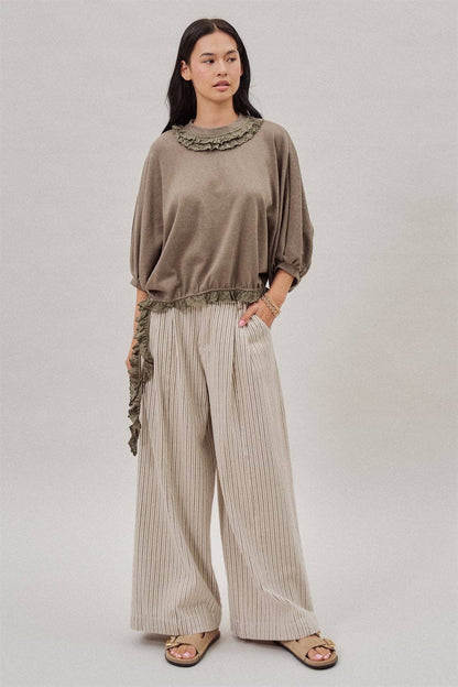 Pleated Pinstripe Wide Leg Cotton Trousers