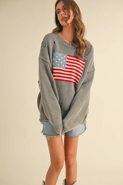 IT4043 FLAG DISTRESSED OVERSIZED KNIT SWEATER TOP