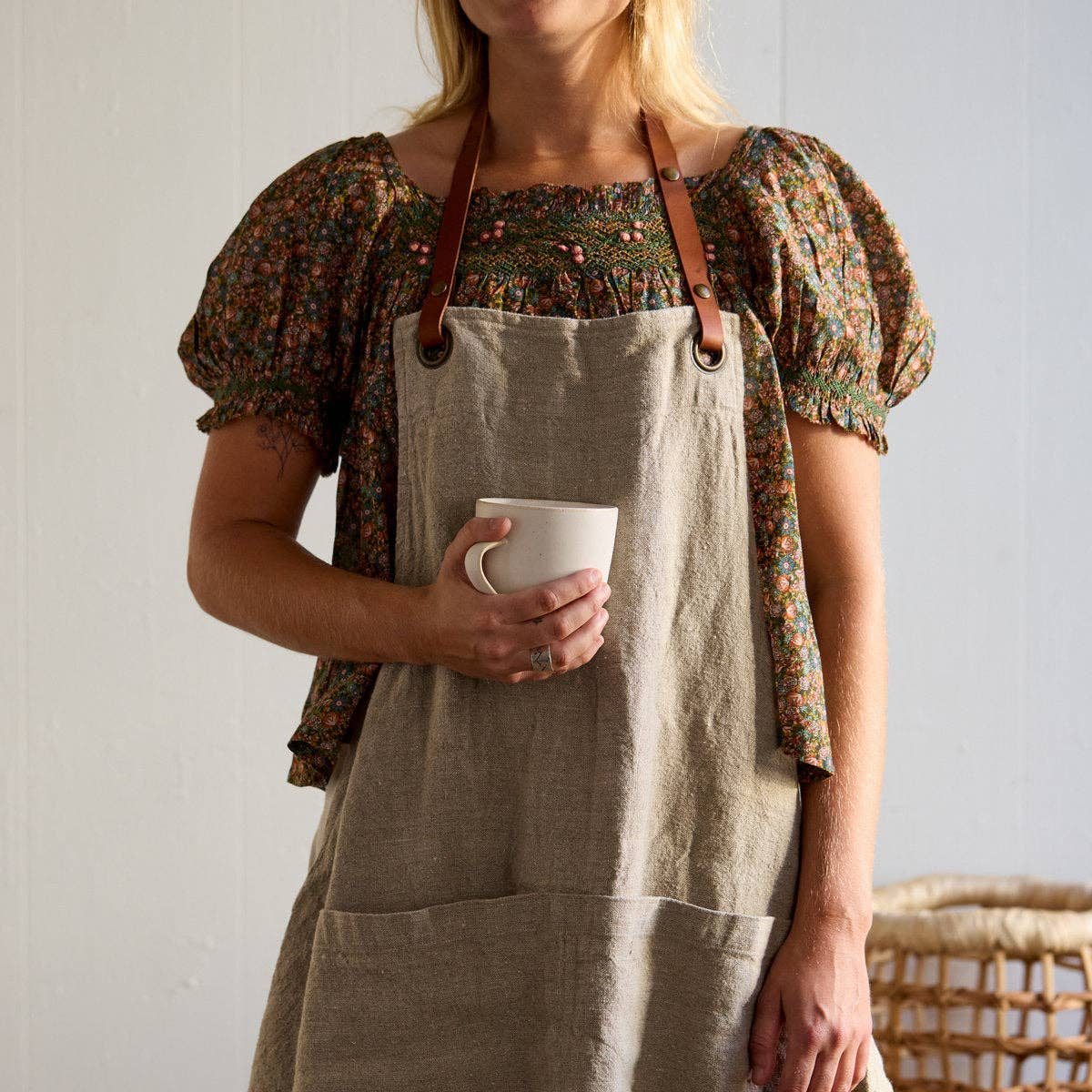 Washed Natural Linen and Leather Apron