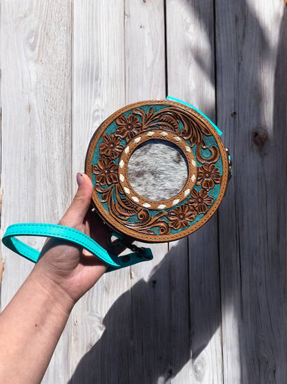Cowhide Tooled Leather Round Wristlet