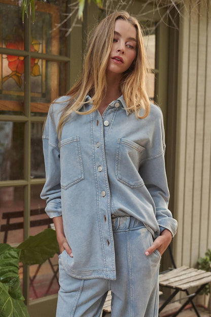 Oversized Acid Wash Cotton  Button Down Shirt