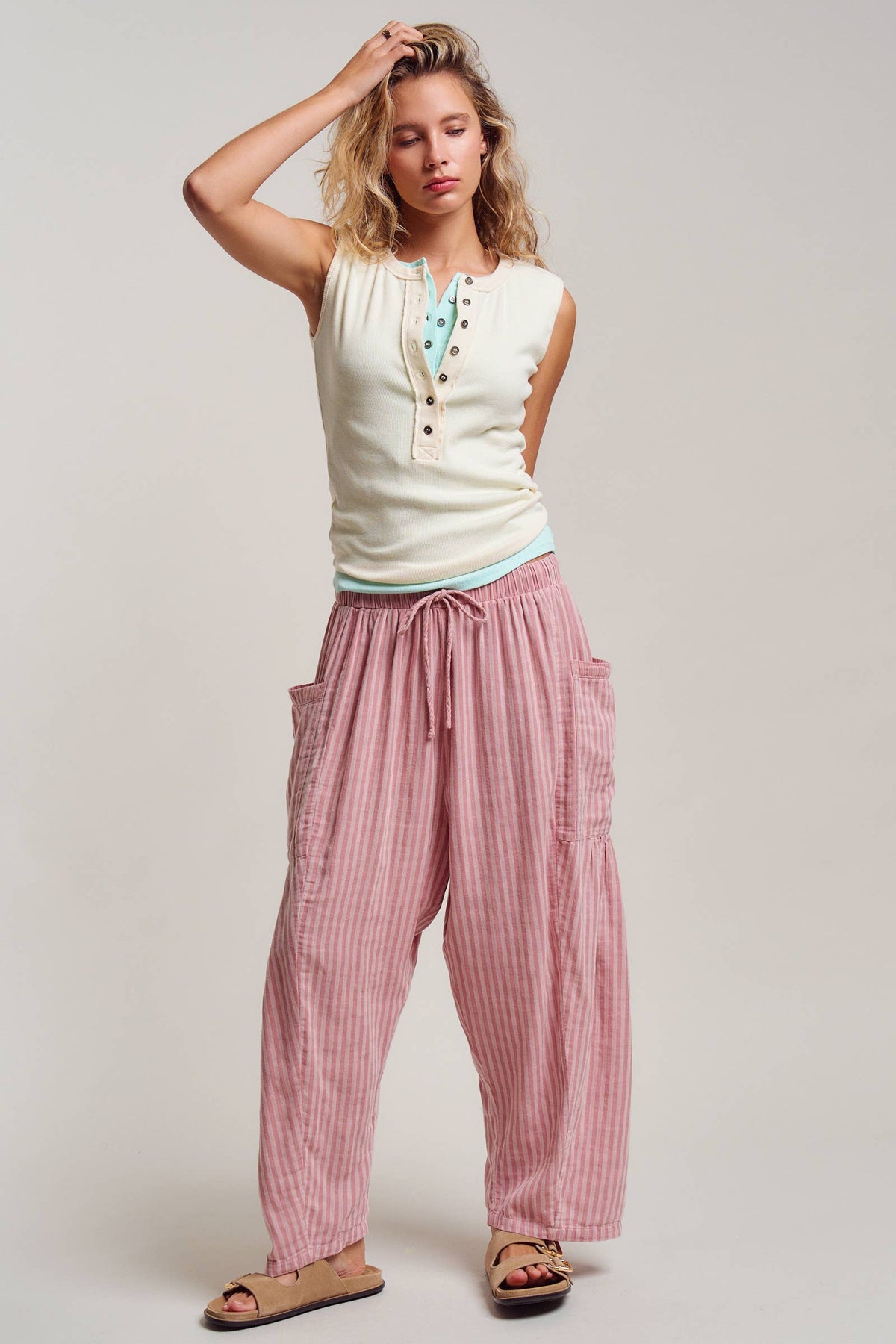 Striped Cotton Drawstring Harem Pants