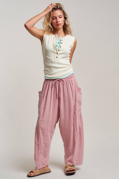 Striped Cotton Drawstring Harem Pants