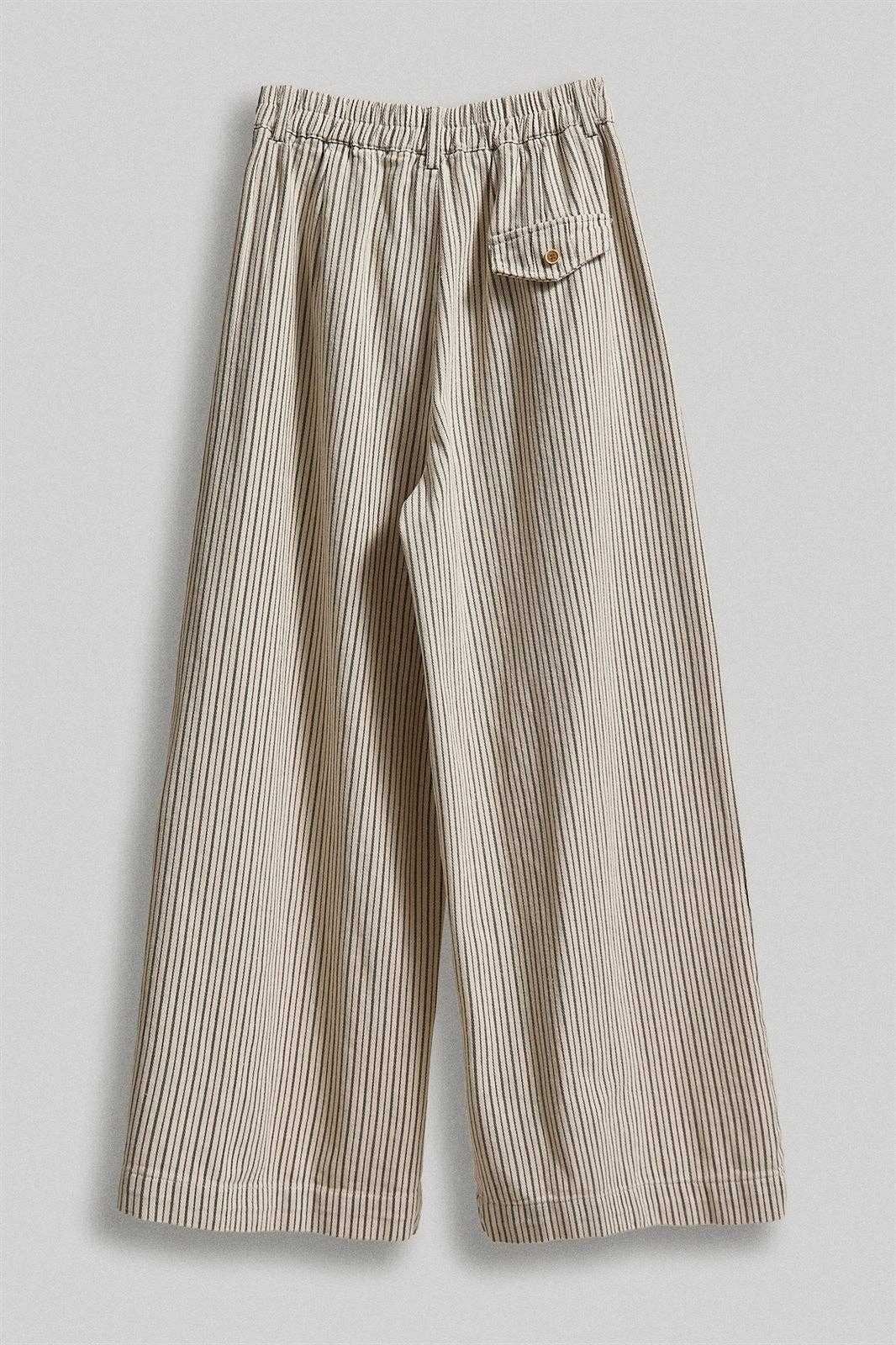 Pleated Pinstripe Wide Leg Cotton Trousers