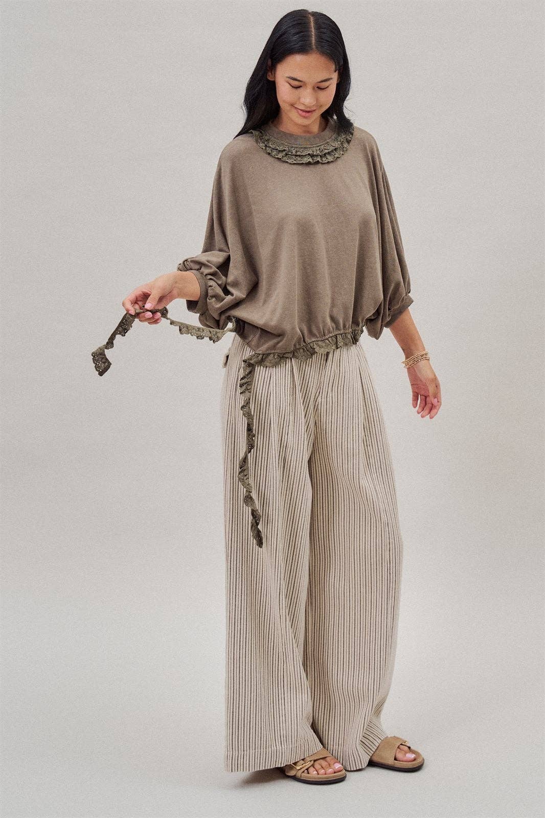 Pleated Pinstripe Wide Leg Cotton Trousers