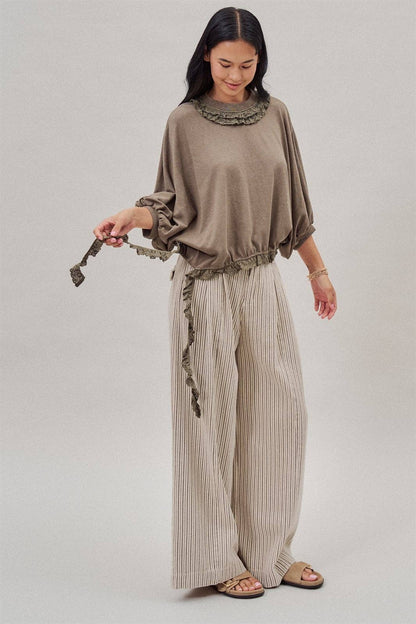 Pleated Pinstripe Wide Leg Cotton Trousers