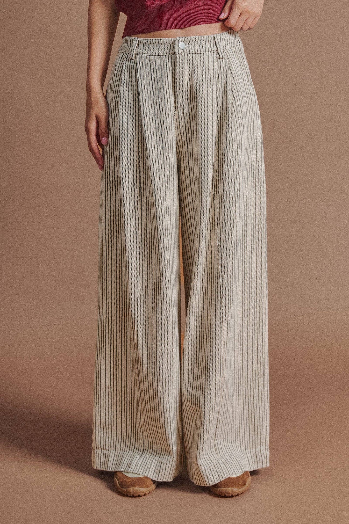 Pleated Pinstripe Wide Leg Cotton Trousers
