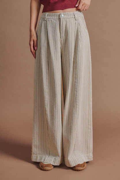 Pleated Pinstripe Wide Leg Cotton Trousers
