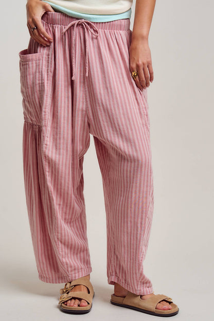 Striped Cotton Drawstring Harem Pants