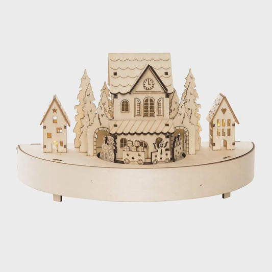 Wood 9.8" Christmas Laster Cut Village Motion Music
