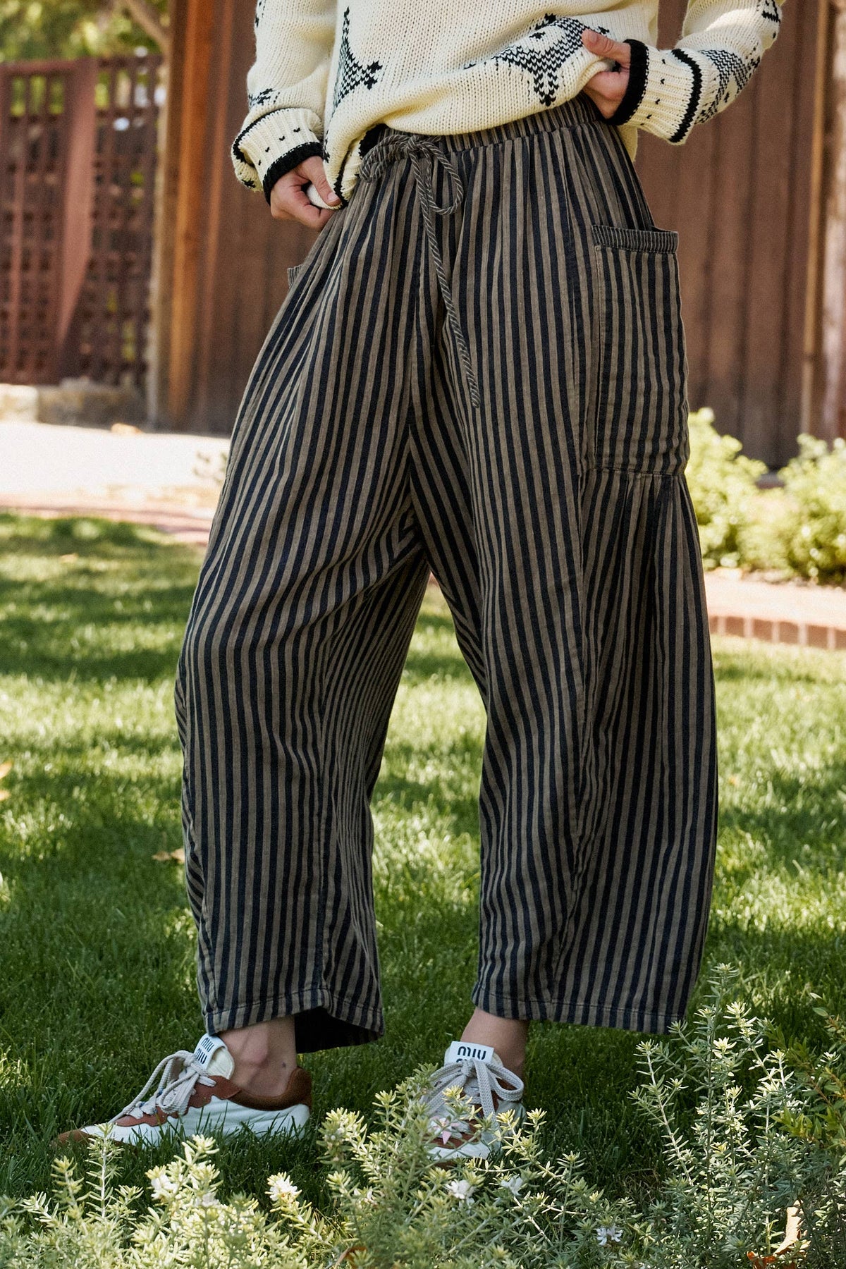 Striped Cotton Drawstring Harem Pants