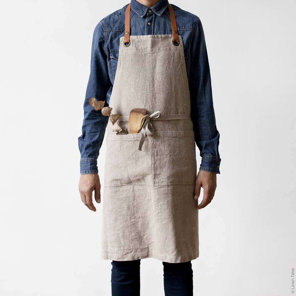 Washed Natural Linen and Leather Apron