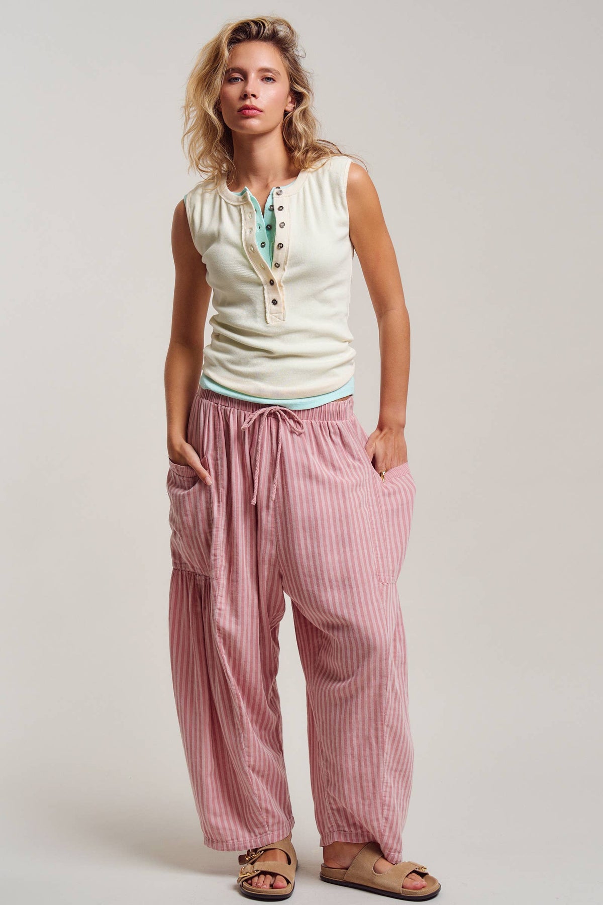 Striped Cotton Drawstring Harem Pants