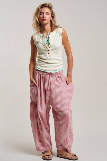Striped Cotton Drawstring Harem Pants