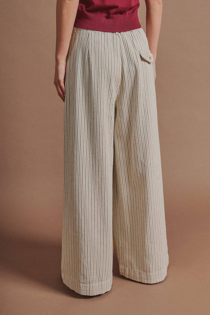 Pleated Pinstripe Wide Leg Cotton Trousers