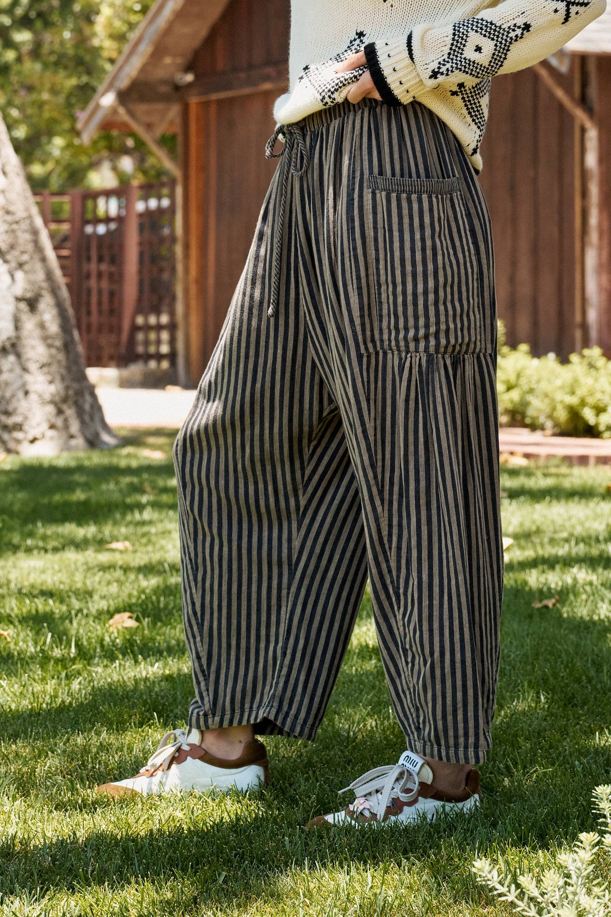 Striped Cotton Drawstring Harem Pants
