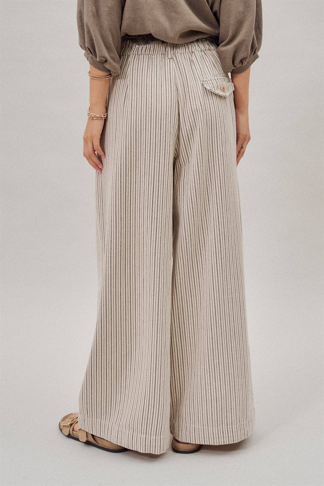Pleated Pinstripe Wide Leg Cotton Trousers