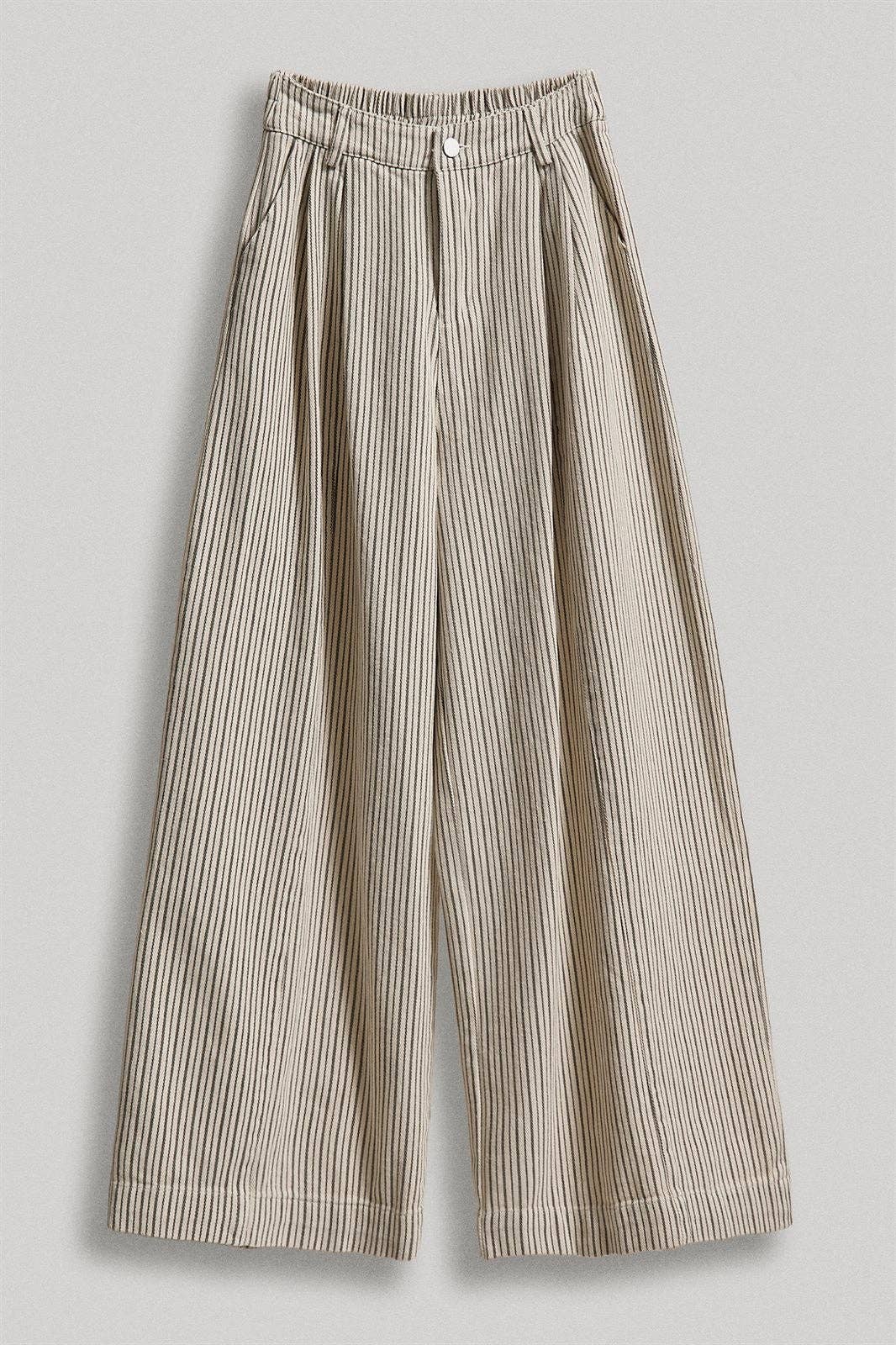 Pleated Pinstripe Wide Leg Cotton Trousers