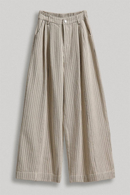 Pleated Pinstripe Wide Leg Cotton Trousers