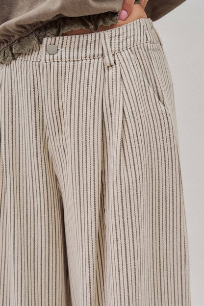 Pleated Pinstripe Wide Leg Cotton Trousers