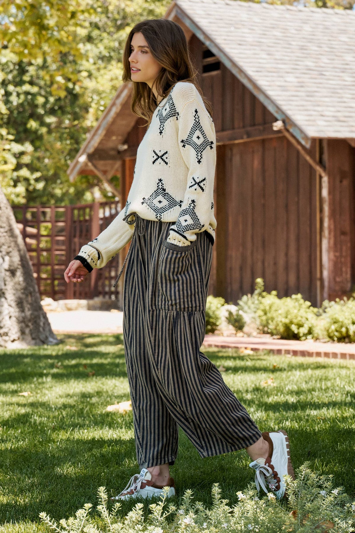 Striped Cotton Drawstring Harem Pants